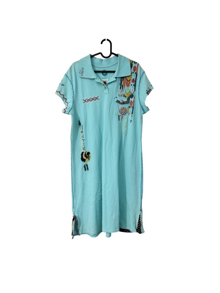 Double D Ranch Aqua Southwestern Embroidered Polo Shirt Dress Womens Size Large
